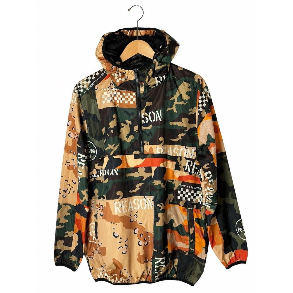 Reason Windbreaker Pullover Men Large Camo Patchwork Half Zip Hooded Streetwear